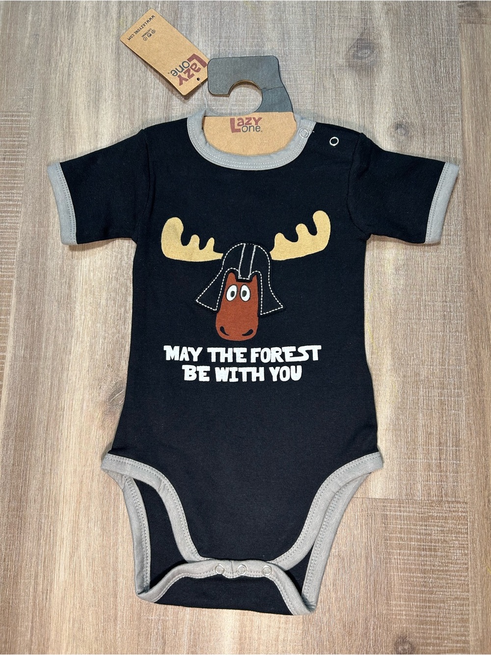 Lazy One Black Bodysuit with Gray Trim and Moose Graphic
